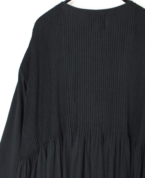 NMDS26234D 80s ORGANIC MICRO CHECK OVERDYE CREW-NECK BUTTON SHIRT MAXI DRESS WITH MINI PINTUCK