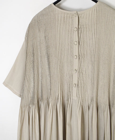 NMDS26243 80s ORGANIC COTTON VOILE CREW-NECK HALF/SLEEVE DRESS WITH MINI PINTUCK