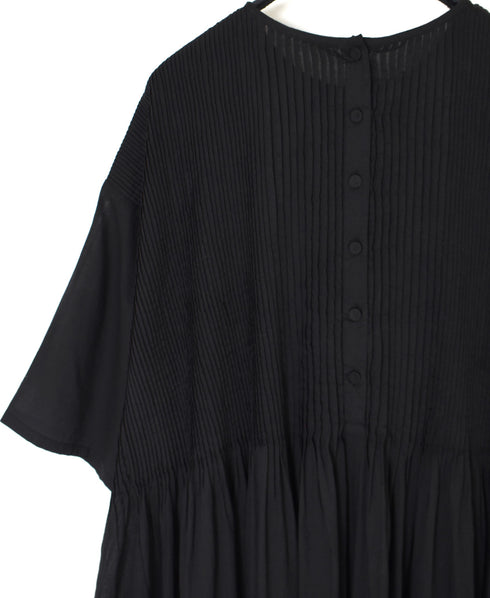 NMDS26243 80s ORGANIC COTTON VOILE CREW-NECK HALF/SLEEVE DRESS WITH MINI PINTUCK