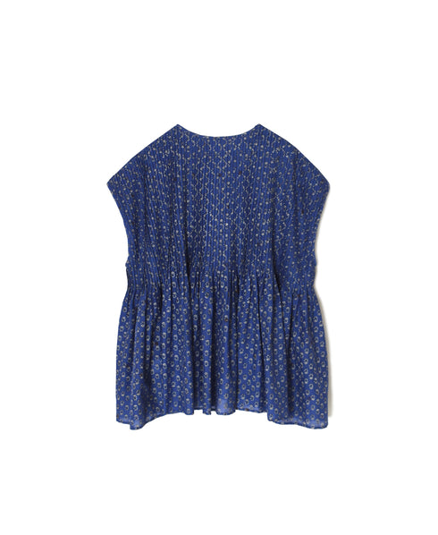 NMDS26252 80s VOILE SMALL GENTIANA BLOCK PRINT CREW-NECK BUTTON F/SLEEVE SHIRT WITH PINTUCK