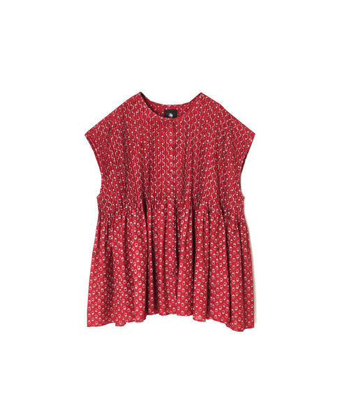 NMDS26252 80s VOILE SMALL GENTIANA BLOCK PRINT CREW-NECK BUTTON F/SLEEVE SHIRT WITH PINTUCK