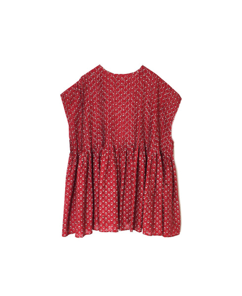 NMDS26252 80s VOILE SMALL GENTIANA BLOCK PRINT CREW-NECK BUTTON F/SLEEVE SHIRT WITH PINTUCK