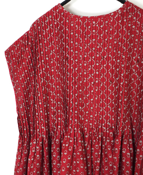 NMDS26252 80s VOILE SMALL GENTIANA BLOCK PRINT CREW-NECK BUTTON F/SLEEVE SHIRT WITH PINTUCK
