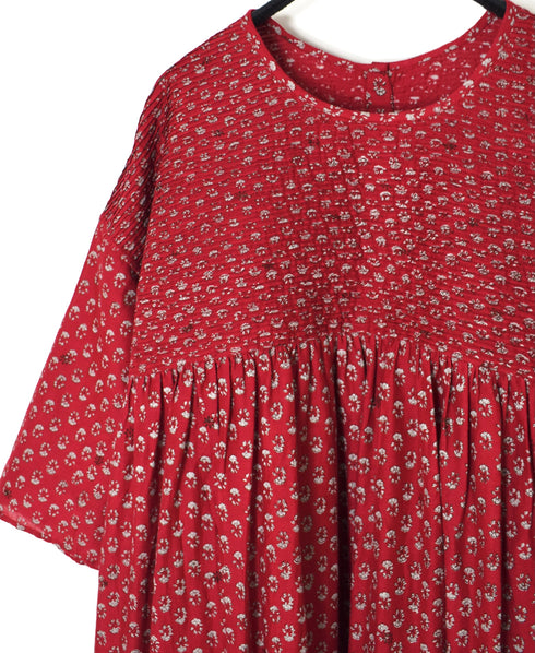 NMDS26253 80s VOILE SMALL GENTIANA BLOCK PRINT BACK OPENING PULLOVER DRESS WITH MINI PINTUCK