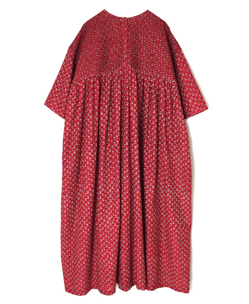 NMDS26253 80s VOILE SMALL GENTIANA BLOCK PRINT BACK OPENING PULLOVER DRESS WITH MINI PINTUCK