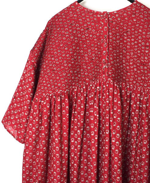 NMDS26253 80s VOILE SMALL GENTIANA BLOCK PRINT BACK OPENING PULLOVER DRESS WITH MINI PINTUCK