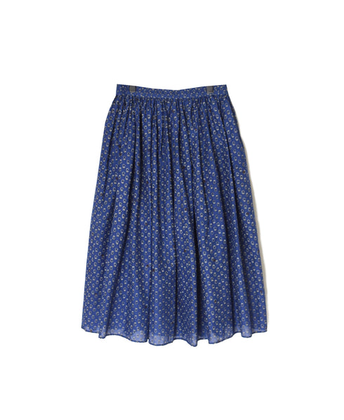 NMDS26254 80s VOILE SMALL GENTIANA BLOCK PRINT GATHERED SKIRT WITH LINING