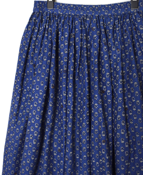 NMDS26254 80s VOILE SMALL GENTIANA BLOCK PRINT GATHERED SKIRT WITH LINING
