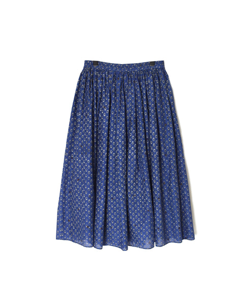 NMDS26254 80s VOILE SMALL GENTIANA BLOCK PRINT GATHERED SKIRT WITH LINING