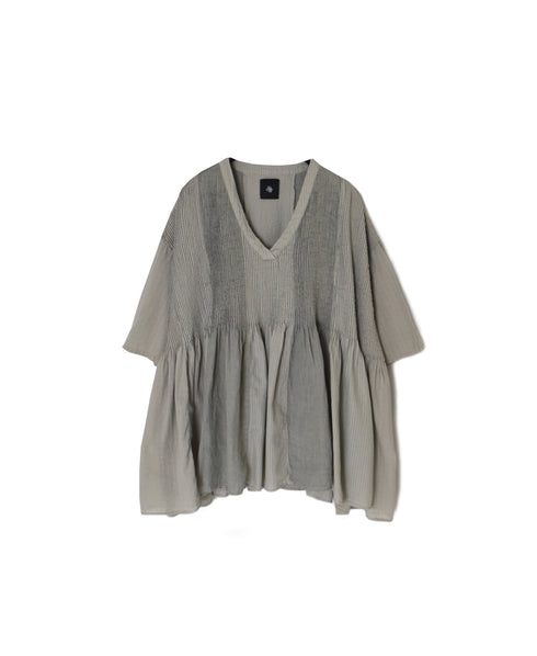 NMDS26262D ORGANIC COTTON/LINEN PATCHWORK OVERDYE V-NECK S/SLEEVE SHIRT WITH MINI PINTUCK