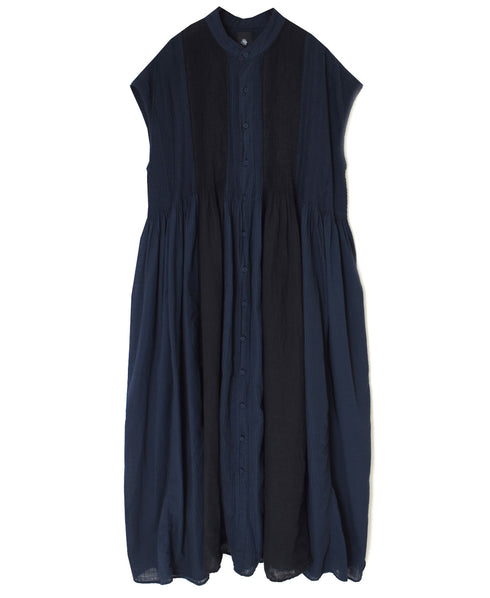 NMDS26264D ORGANIC COTTON/LINEN PATCHWORK OVERDYE BANDED F/SLEEVE SHIRT DRESS WITH MINI PINTUCK
