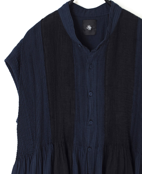 NMDS26264D ORGANIC COTTON/LINEN PATCHWORK OVERDYE BANDED F/SLEEVE SHIRT DRESS WITH MINI PINTUCK