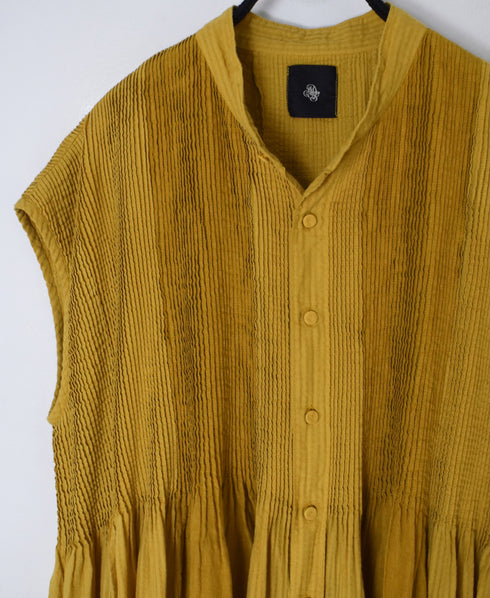 NMDS26264D ORGANIC COTTON/LINEN PATCHWORK OVERDYE BANDED F/SLEEVE SHIRT DRESS WITH MINI PINTUCK