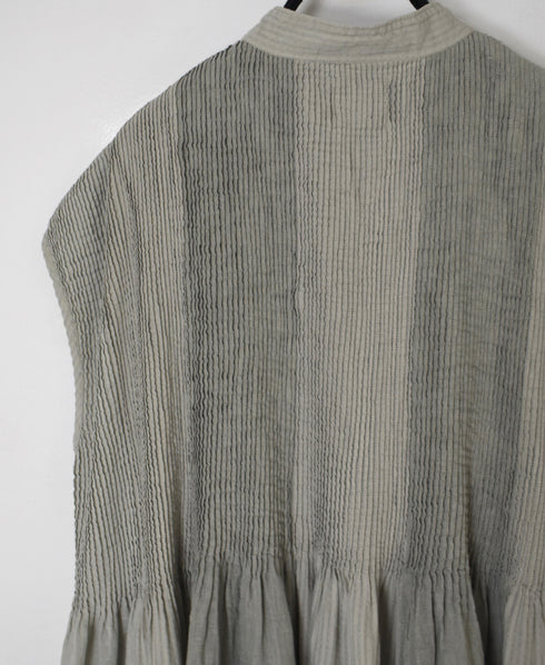NMDS26264D ORGANIC COTTON/LINEN PATCHWORK OVERDYE BANDED F/SLEEVE SHIRT DRESS WITH MINI PINTUCK