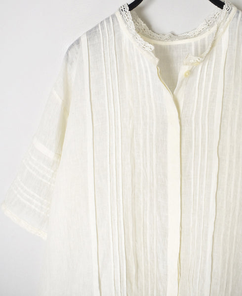 NMDS26271 80s POWER LOOM LINEN PLAIN LACE PINTUCK HALF/SLEEVE 2WAY SHIRT