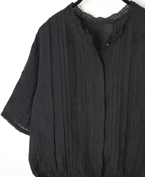 NMDS26271 80s POWER LOOM LINEN PLAIN LACE PINTUCK HALF/SLEEVE 2WAY SHIRT