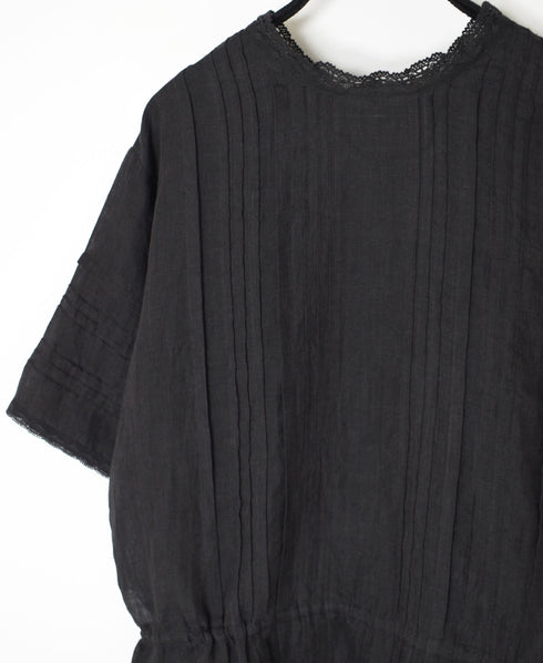 NMDS26271 80s POWER LOOM LINEN PLAIN LACE PINTUCK HALF/SLEEVE 2WAY SHIRT