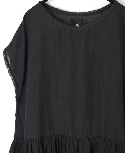 NMDS26272 80s POWER LOOM LINEN PLAIN BOAT-NECK LACE PULLOVER DRESS