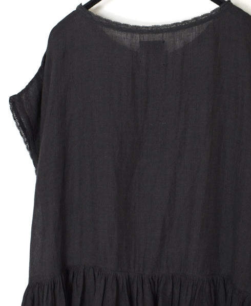 NMDS26272 80s POWER LOOM LINEN PLAIN BOAT-NECK LACE PULLOVER DRESS