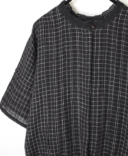 NMDS26281 80s POWER LOOM LINEN CHECK LACE PINTUCK HALF/SLEEVE 2WAY SHIRT