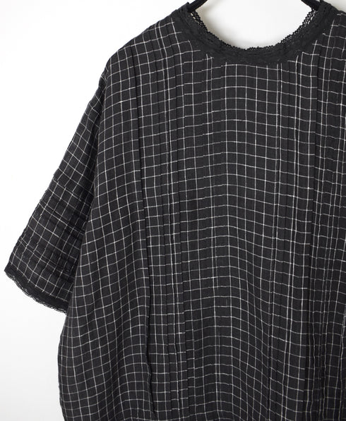 NMDS26281 80s POWER LOOM LINEN CHECK LACE PINTUCK HALF/SLEEVE 2WAY SHIRT
