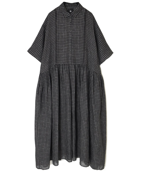 NMDS26284 80s POWER LOOM LINEN CHECK REGULAR COLLAR DRESS WITH RAJASTAN GATHER