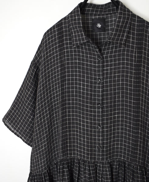 NMDS26284 80s POWER LOOM LINEN CHECK REGULAR COLLAR DRESS WITH RAJASTAN GATHER