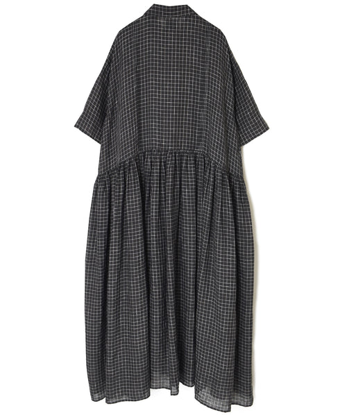 NMDS26284 80s POWER LOOM LINEN CHECK REGULAR COLLAR DRESS WITH RAJASTAN GATHER