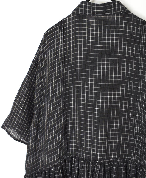 NMDS26284 80s POWER LOOM LINEN CHECK REGULAR COLLAR DRESS WITH RAJASTAN GATHER