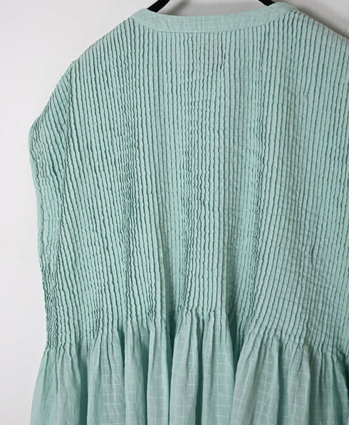 NMDS26502D 80s ORGANIC DOBIE CHECK OVERDYE V-NECK F/SLEEVE SHIRT WITH PINTUCK