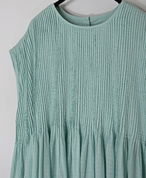 NMDS26503D 80s ORGANIC DOBIE CHECK OVERDYE CREW-NECK F/SL DRESS WITH PINTUCK