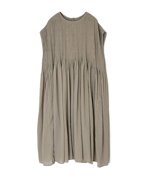 NMDS26503D 80s ORGANIC DOBIE CHECK OVERDYE CREW-NECK F/SL DRESS WITH PINTUCK