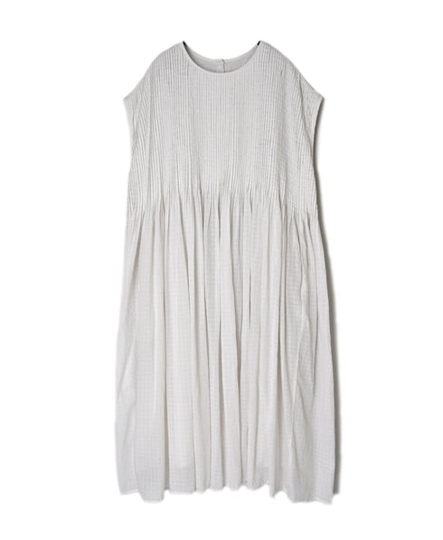 NMDS26503D 80s ORGANIC DOBIE CHECK OVERDYE CREW-NECK F/SL DRESS WITH PINTUCK