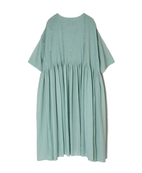 NMDS26504D 80s ORGANIC DOBIE CHECK OVERDYE CREW-NECK BUTTON SHIRT MAXI DRESS WITH PINTUCK