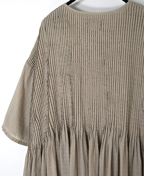 NMDS26504D 80s ORGANIC DOBIE CHECK OVERDYE CREW-NECK BUTTON SHIRT MAXI DRESS WITH PINTUCK