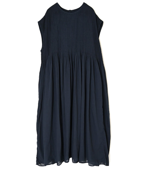 NMDS26513D 80s ORGANIC VOILE STRIPE (OVERDYE) CREW-NECK F/SL DRESS WITH PINTUCK