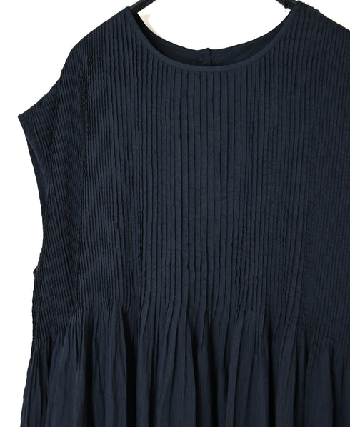 NMDS26513D 80s ORGANIC VOILE STRIPE (OVERDYE) CREW-NECK F/SL DRESS WITH PINTUCK