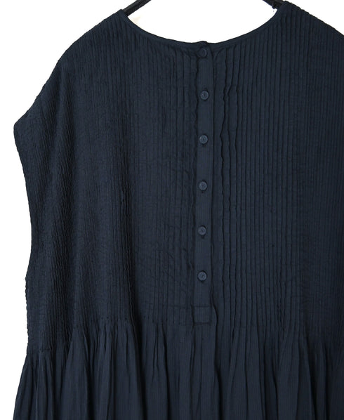 NMDS26513D 80s ORGANIC VOILE STRIPE (OVERDYE) CREW-NECK F/SL DRESS WITH PINTUCK