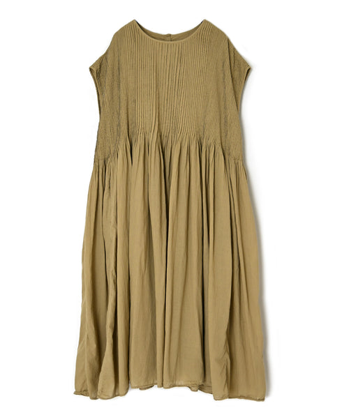 NMDS26513D 80s ORGANIC VOILE STRIPE (OVERDYE) CREW-NECK F/SL DRESS WITH PINTUCK