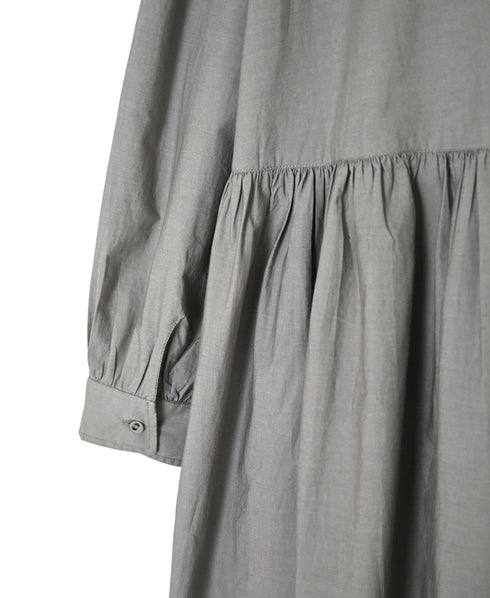 NMDS26534 60s ORGANIC POPLIN PLAIN GATHERED V-NECK DRESS
