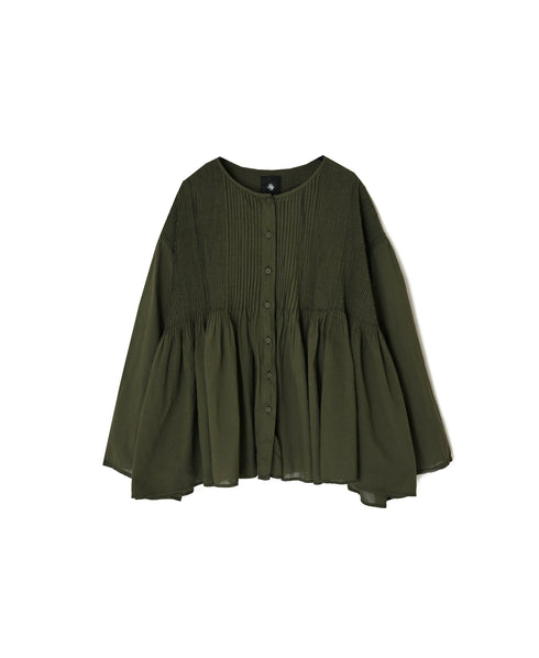 NMDS26603D ORGANIC MICRO CHECK&VOILE PLAIN PATCHWORK OVERDYE CREW-NECK BUTTON SHIRT WITH PINTUCK