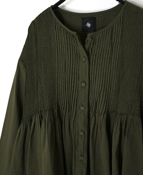 NMDS26603D ORGANIC MICRO CHECK&VOILE PLAIN PATCHWORK OVERDYE CREW-NECK BUTTON SHIRT WITH PINTUCK