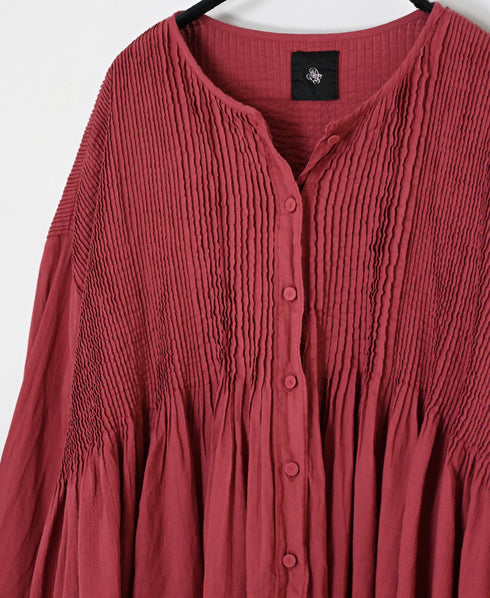 NMDS26603D ORGANIC MICRO CHECK&VOILE PLAIN PATCHWORK OVERDYE CREW-NECK BUTTON SHIRT WITH PINTUCK