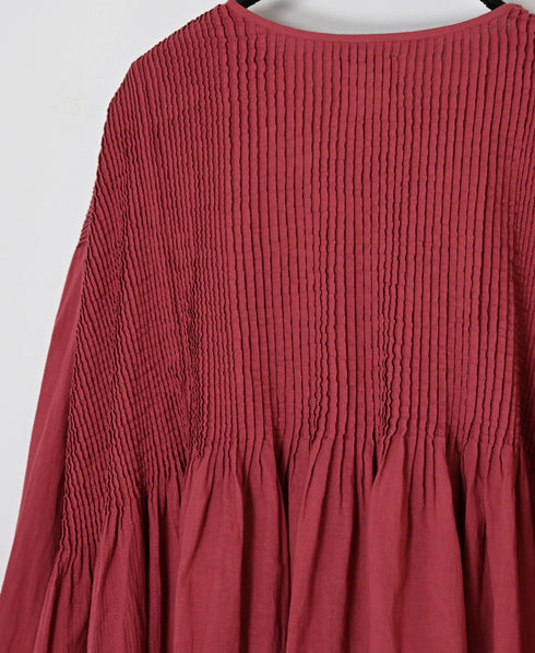 NMDS26603D ORGANIC MICRO CHECK&VOILE PLAIN PATCHWORK OVERDYE CREW-NECK BUTTON SHIRT WITH PINTUCK
