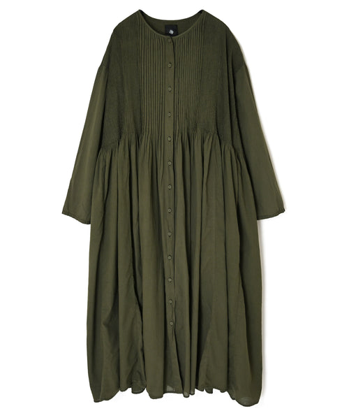 NMDS26604D ORGANIC MICRO CHECK&VOILE PLAIN PATCHWORK OVERDYE CREW-NECK BUTTON SHIRT MAXI DRESS WITH PINTUCK