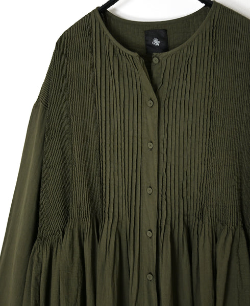 NMDS26604D ORGANIC MICRO CHECK&VOILE PLAIN PATCHWORK OVERDYE CREW-NECK BUTTON SHIRT MAXI DRESS WITH PINTUCK