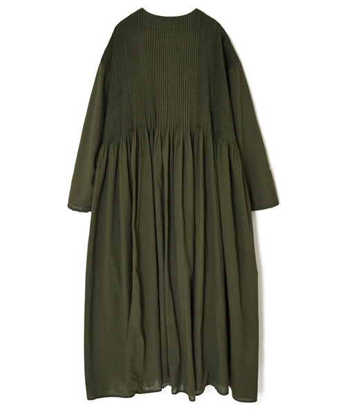 NMDS26604D ORGANIC MICRO CHECK&VOILE PLAIN PATCHWORK OVERDYE CREW-NECK BUTTON SHIRT MAXI DRESS WITH PINTUCK