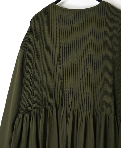 NMDS26604D ORGANIC MICRO CHECK&VOILE PLAIN PATCHWORK OVERDYE CREW-NECK BUTTON SHIRT MAXI DRESS WITH PINTUCK