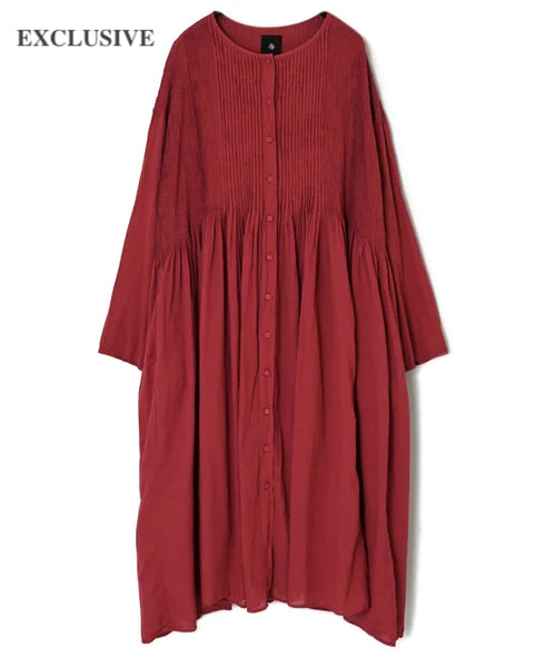 NMDS26604D ORGANIC MICRO CHECK&VOILE PLAIN PATCHWORK OVERDYE CREW-NECK BUTTON SHIRT MAXI DRESS WITH PINTUCK