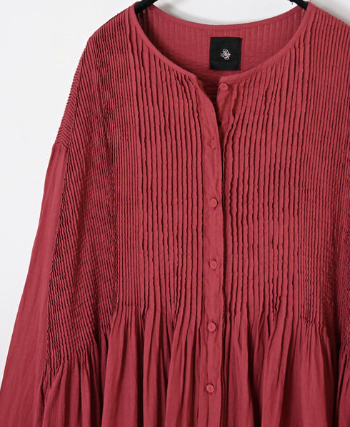 NMDS26604D ORGANIC MICRO CHECK&VOILE PLAIN PATCHWORK OVERDYE CREW-NECK BUTTON SHIRT MAXI DRESS WITH PINTUCK